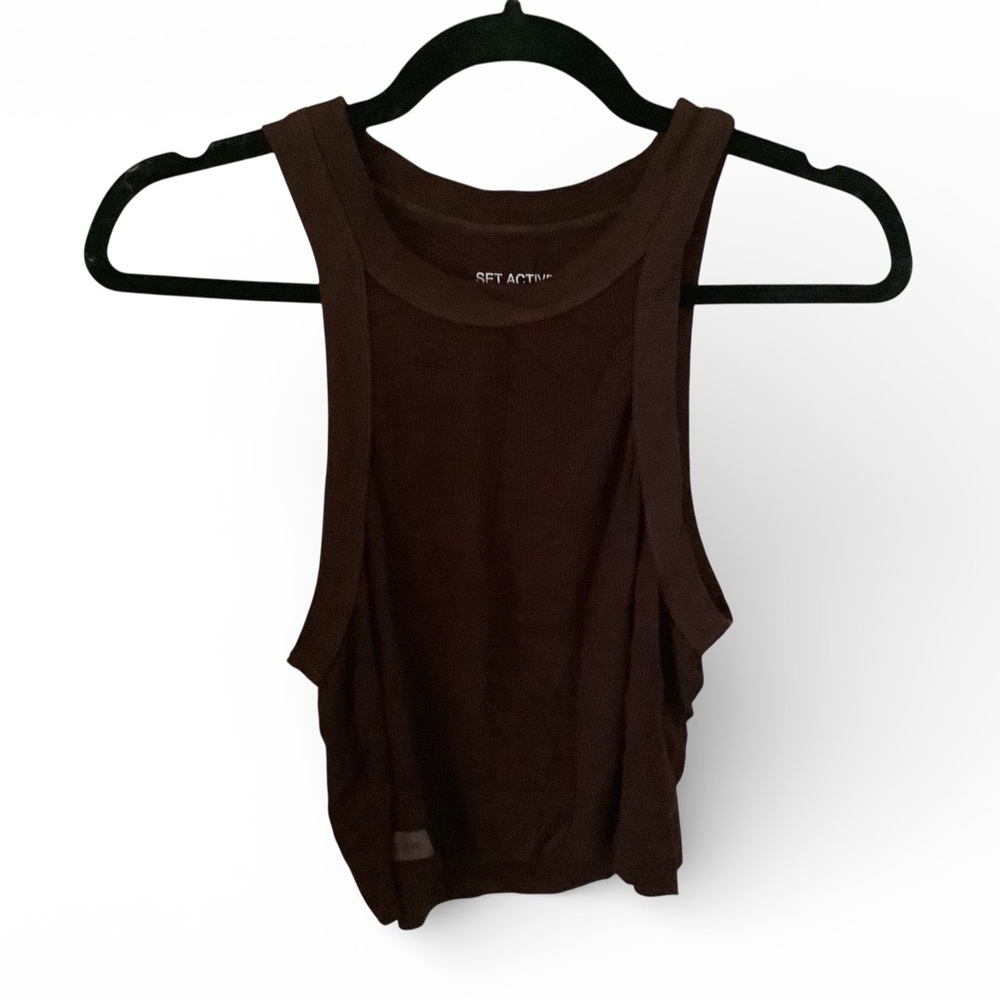 SET Active Dark Brown Crop Ribbed Tank Top